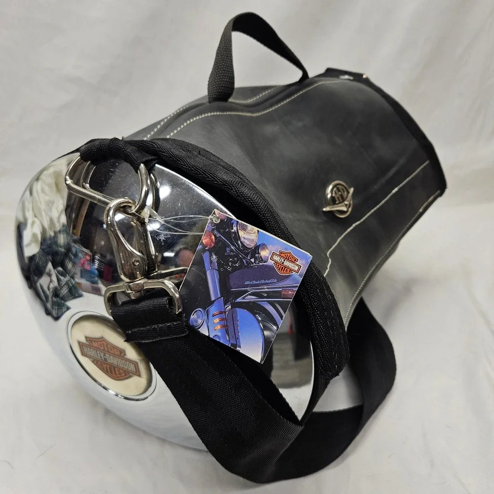 Harley-Davidson Barrel Duffle Bag Large Black Leather Chrome Biker Gear Bag